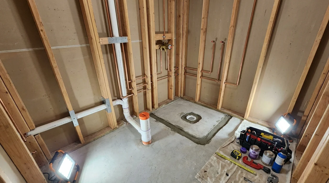 Bathroom rough-in plumbing during remodel by Johns Plumbing LLC in Baden