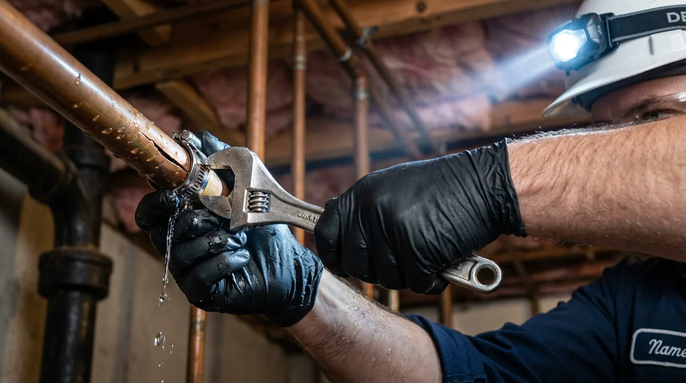 Emergency pipe clamp repair being performed by a Johns Plumbing LLC plumber in Baden
