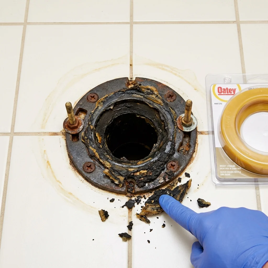 Failed wax ring showing water seepage at the base of a toilet in a Baden, PA home