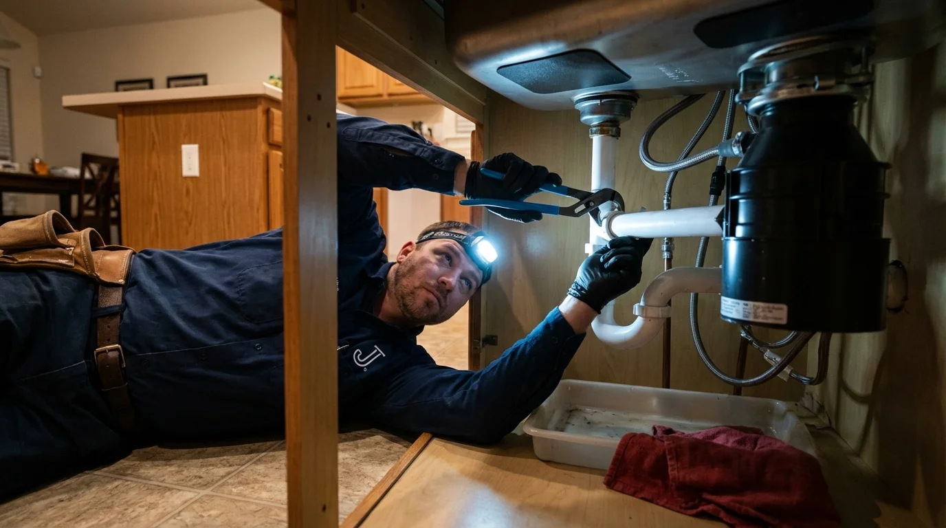 P-trap and supply line connections under a kitchen sink showing a common leak point in Baden, PA